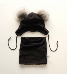 Komplet czerń i  pompony srebrny lis - czapka i komin  