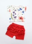 Komplet polne kwiaty i czerwień  - koszulka i spodenki z falbankami 