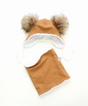 Komplet brąz i  beżowe pompony  - czapka i komin 