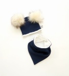 Komplet granat i pompony  ecru -  czapka i chusta  