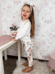Komplet ecru i róże retro - body, legginsy z falbankami  i opaska 