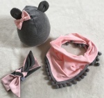 Komplet z uszami melanż i róż-  czapka, chusta i opaska  