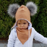 Komplet brąz i pompony srebrny lis -  czapka i chusta