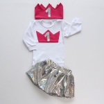 Komplet srebro i fuksja na roczek  - spódniczka, opaska i body 