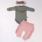 Komplet melanż i róż kwarcowy z falbankami - body, legginsy i opaska