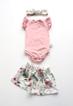 Komplet róż kwarcowy i kwiaty w ogrodzie - body, spódniczka i opaska  