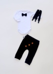 Komplet czerń z guziczkami  - baggy i body z muchą oraz szelki 