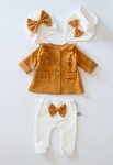 Komplet solony karmel i ecru - płaszczyk, legginsy, turban i chusta  