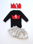 Komplet czerń i srebro na roczek  - spódniczka, opaska i body   