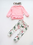 Komplet róż z falbanką i kwiaty w ogrodzie - bluza, legginsy i opaska 