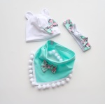 Komplet z uszami aqua i różyczki -  czapka, chusta i opaska