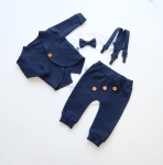 Komplet granat z guziczkami - frak, body z krótkim rękawem, baggy i szelki 