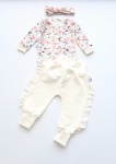 Komplet różany ogród i ecru  - bezuciskowe baggy z falbanką, body i opaska 