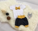 Komplet len i musztarda - body z muchą i spodenki  