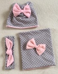 Two-layer spots with pink set with small ears - cap, chimney scarf and headband