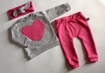 Komplet szarości i groszki na fuksji - bluza+ legginsy + opaska 