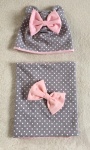 Two-layer spots and pink set with small ears -  cap and chimney scarf