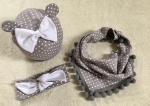 Komplet z uszami groszki z bielą -  czapka, chusta i opaska  