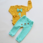 Komplet aqua i musztarda na roczek - baggy i body z muchą  