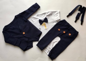 Komplet granat z guziczkami na roczek - frak, body, baggy i szelki 