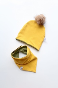 Komplet musztarda z khaki i beżowy pompon -  czapka i chusta   