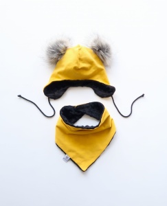 Komplet musztarda  i pompony srebrny lis -  czapka i chusta