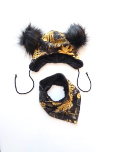 Komplet złote liście i czarne pompony -  czapka i chusta 