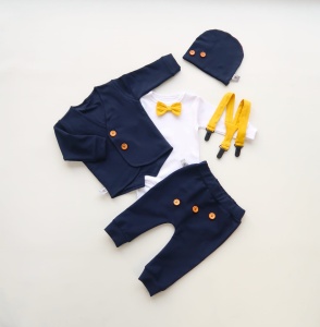 Komplet granat i musztarda - frak, body, baggy, szelki i czapka 