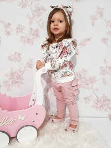 Komplet bukieciki róż z falbankami i kwarc - bluza, legginsy i opaska 