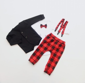 Komplet czerń i krata - frak, body, baggy i szelki