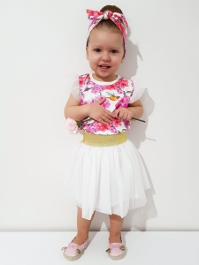 Komplet różowe koliberki z tiulem - spódniczka, koszulka i opaska 