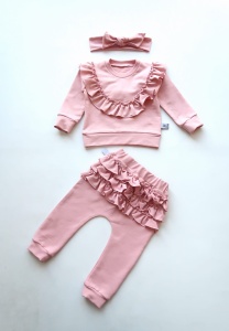 Komplet róż kwarcowy z falbankami - bluza, legginsy i opaska