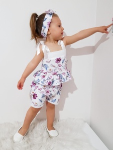 Komplet akwarelowe kwiaty - wiązany top, spodenki z falbankami i opaska