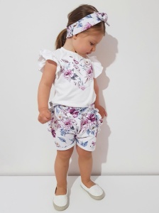 Komplet akwarelowe kwiaty 2  - koszulka, spodenki z falbankami i opaska