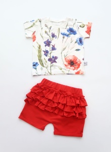 Komplet polne kwiaty i czerwień  - koszulka i spodenki z falbankami 
