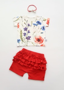 Komplet polne kwiaty - koszulka, spodenki z falbankami i opaska bezuciskowa