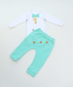 Komplet aqua na roczek - baggy i body z muchą   