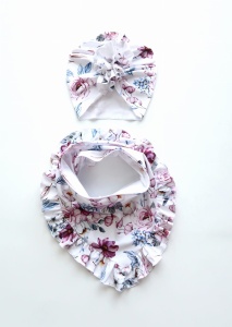 Letni komplet akwarelowe kwiaty - turban i chusta  z falbankami 