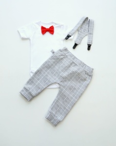 Komplet krata Glen i czerwień  - baggy, body krótki rękaw z muchą oraz szelki