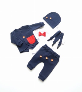 Komplet granat i czerwień - frak, body, baggy, szelki i czapka