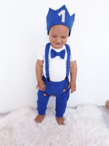 Komplet chaber na roczek - baggy, body krótki rękaw, szelki i korona 