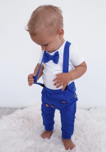 Komplet chaber z guziczkami - baggy i body z muchą oraz szelki