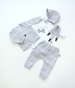 Komplet krata Glen - frak, body, baggy, szelki i bonetka