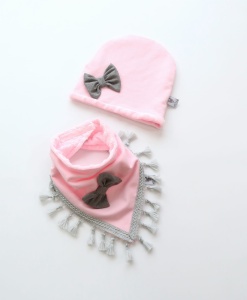 Komplet róż, melanż i chwościki -  czapka i chusta  