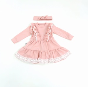 Komplet róż kwarcowy z białą koronką - sukienka i opaska   