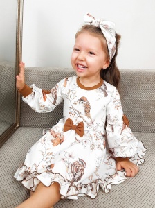 Komplet ptaszki z falbankami  - sukienka z bufkami i opaska   