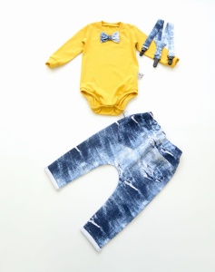 Komplet jeans - baggy i body musztarda oraz szelki 