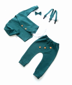 Komplet zieleń butelkowa z guziczkami - frak, body długi rękaw, baggy i szelki  