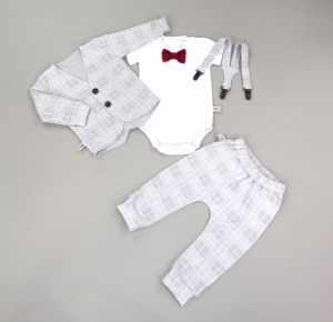 Komplet krata Glen i bordo - frak, body krótki rękaw, baggy i szelki  