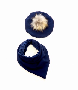 Komplet granat z beżowym pomponem -  berecik i chusta   